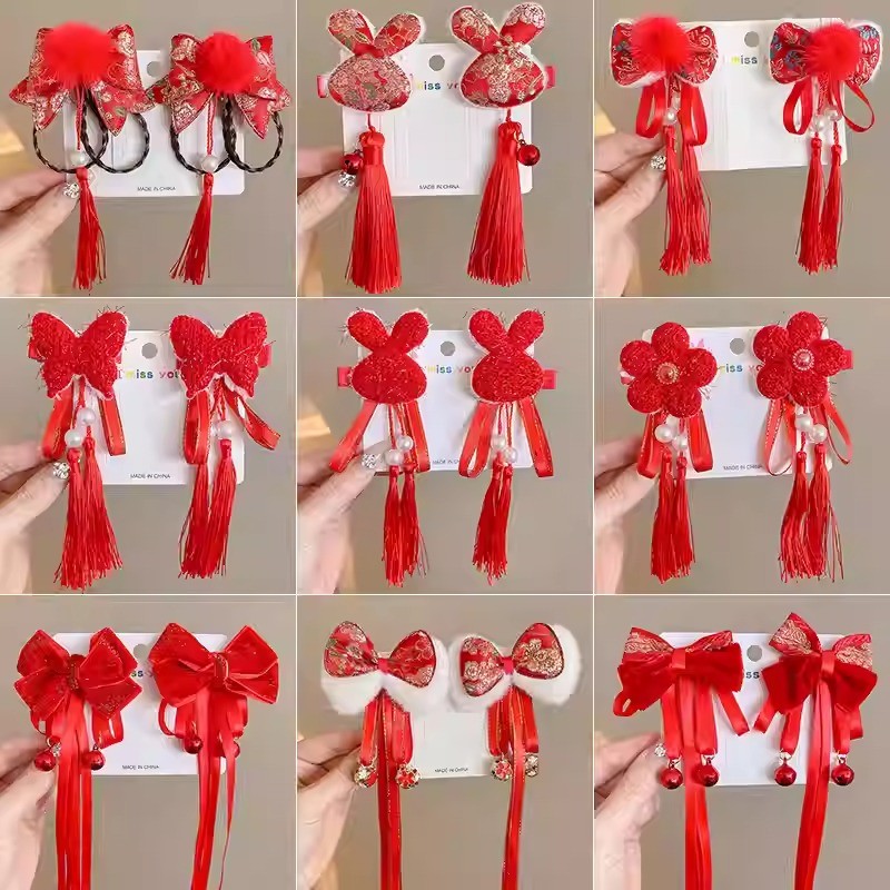 กิ๊บติดผมเด็ก กิ๊บ กิ๊บติดผม กิ๊บสีแดง สไตล์จีนปีใหม่เด็ก หญิงเด็ก Hanfu อุปกรณ์เสริมโบว์ปีใหม่อุปกรณ์เสริมผม
