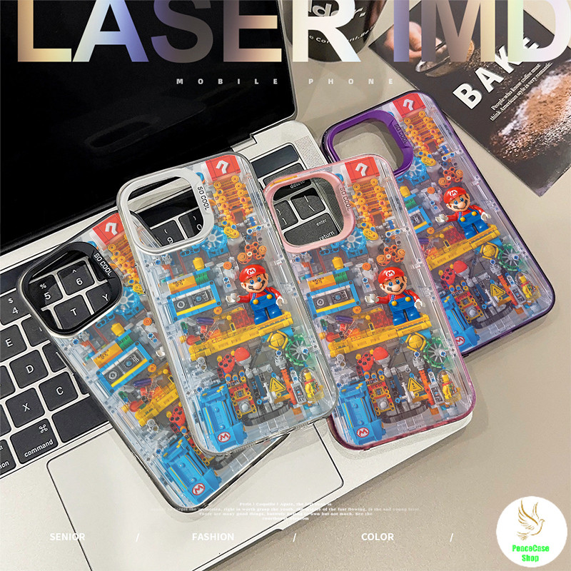 COD-ในไทย เคสคู่รัก บล็อก Super Mario สําหรับ iPhone7 8 X 11 12 13 14 15 16เปลือกแข็งสีเงิน กันกระแทก พื้นหลังสี Unisex