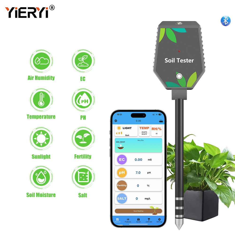 Yieryi 8-in-1 เครื่องวัด PH ไร้สายอัจฉริยะ/EC/ความเค็ม/ความชื้นในดิน/มีบุตรยาก/แสง/ความชื้นอากาศ/เครื่องวิเคราะห์ดินอุณหภูมิ