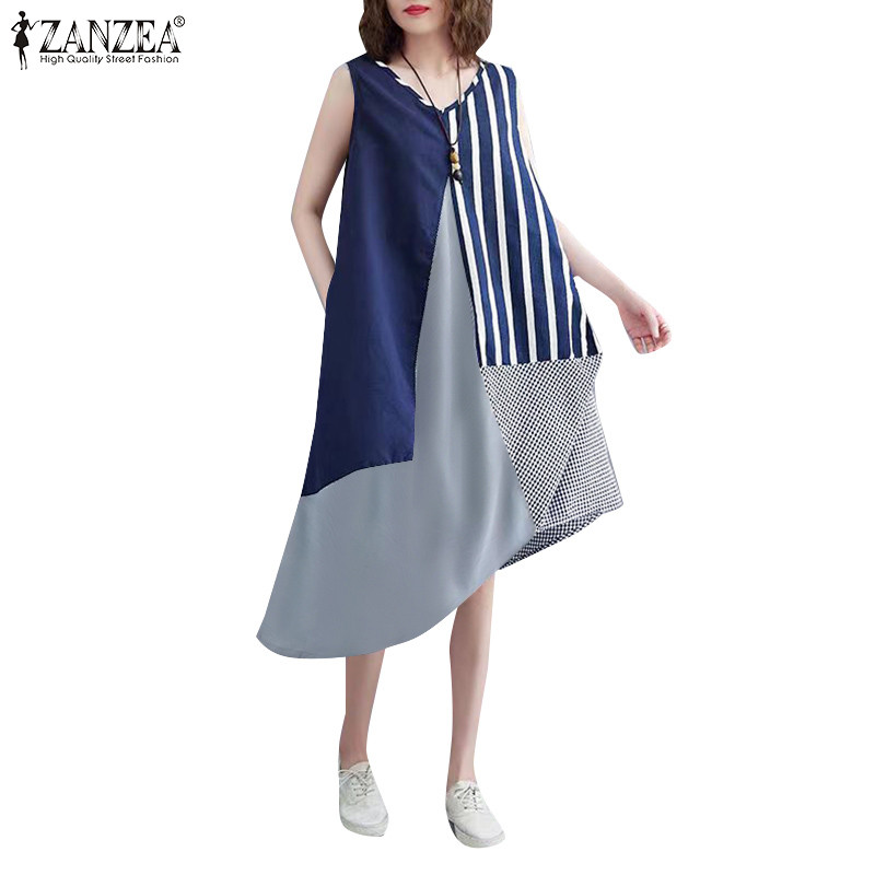 Zanzea ชุดเดรสเดรสทรงเอแขนกุดคอกลมแขนกุดสไตล์เกาหลีสําหรับผู้หญิง