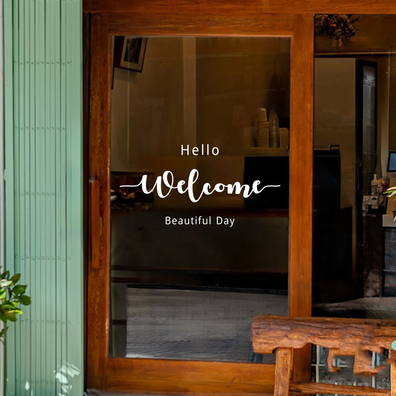 ยินดีต้อนรับสู่คาเฟ่ร้านชานมร้านขายเสื้อผ้าร้านสะดวกซื้อสติกเกอร์หน้าต่างกระจกป้องกันการชนกันสติกเกอร์ประตูออกแบบตกแต่งร้าน
