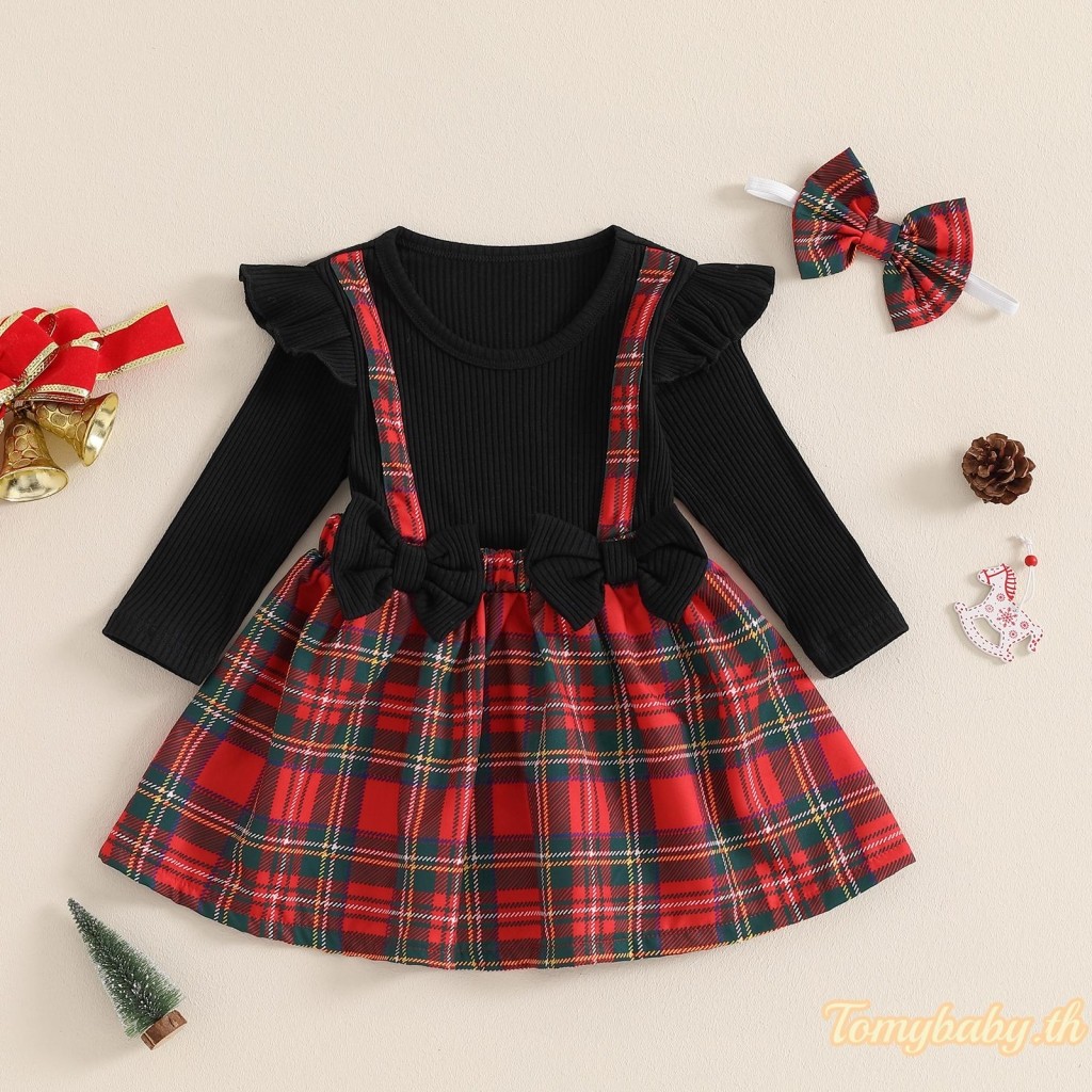 Tomybaby-ชุดคริสต์มาสเด็กผู้หญิงโบว์แขนยาวชุดน่าระทึกใจ + แถบคาดศีรษะ