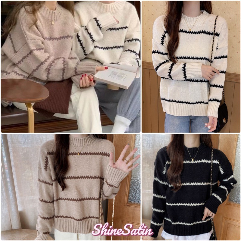 Shinesatin2024 รุ่นใหม่ แขนยาว เสื้อสเวตเตอร์ถักนิตติ้ง ทรงหลวม สีตัดกัน เสื้อกันหนาว สไตล์ขี้เกียจ