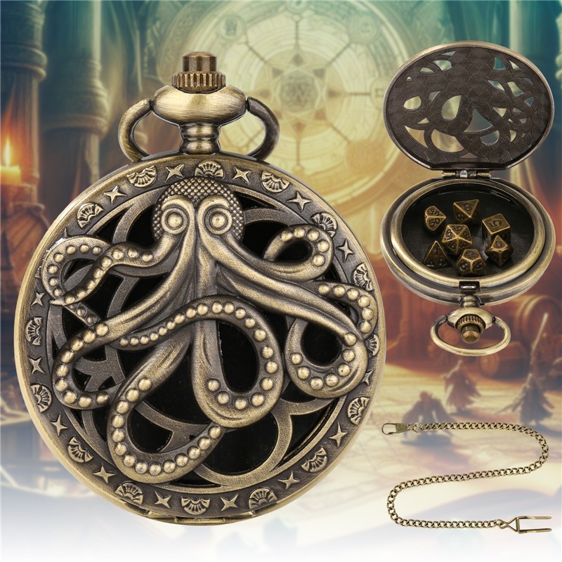 Retro Hollow Octopus Pocket Watch Case with 7pcs Polyhedral Dice D&D Game Accessory