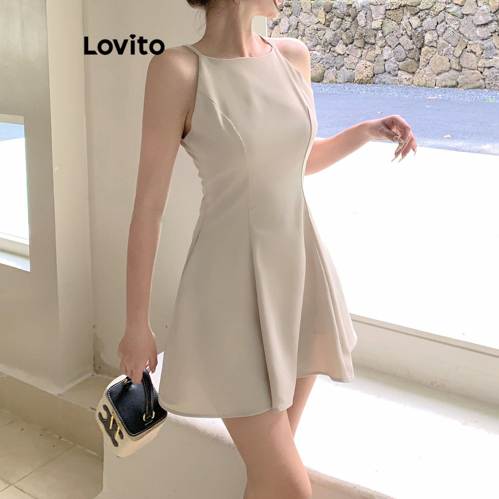 Lovito เดรสผู้หญิง แต่งจีบ สีพื้น สไตล์หรูหรา LNE69200