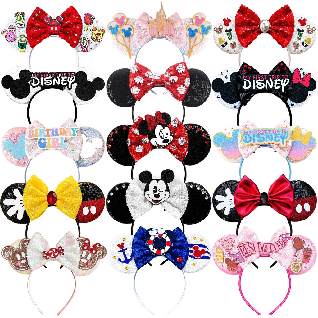 Disney Mickey Mouse Ear Headband สําหรับผู้ใหญ่ Minnie Mouse Hairbands ผู้หญิงอุปกรณ์เสริมผมเลื่อม Bows Headwear เด็กผู้หญิงเด็กของขวัญ