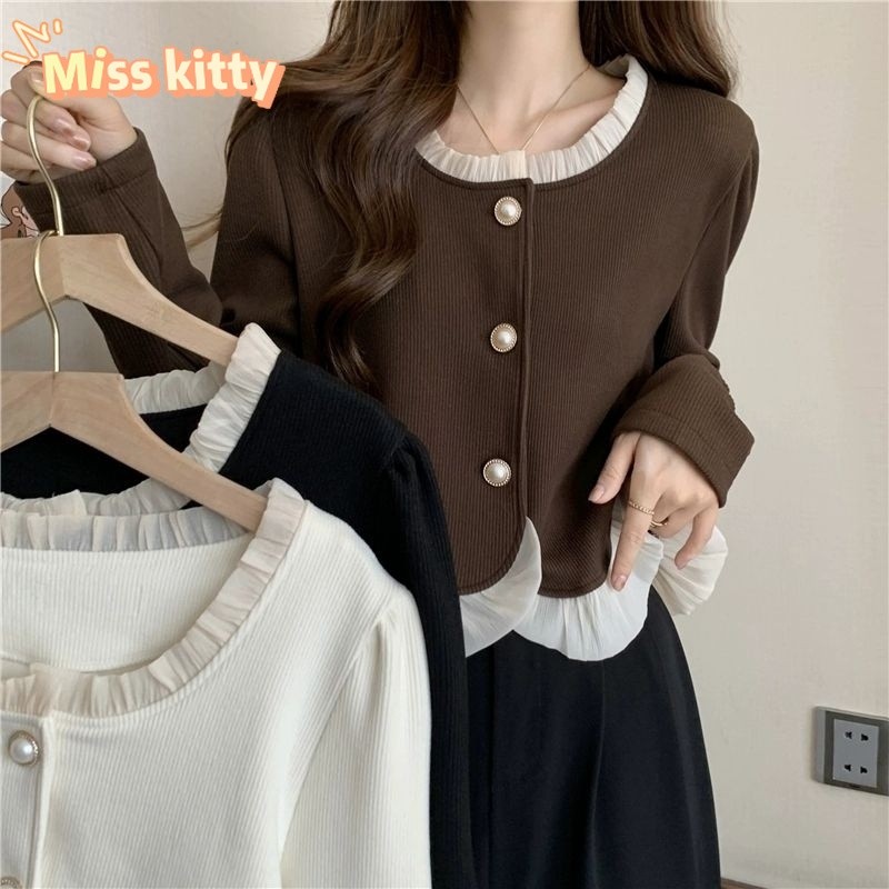 Miss Kitty จัดส่งที่รวดเร็ว ท่านหญิง เสื้อไหมพรมแขนยาว 3สี คอกลม ดีเทลกระดุมหน้า *Y7001-C*