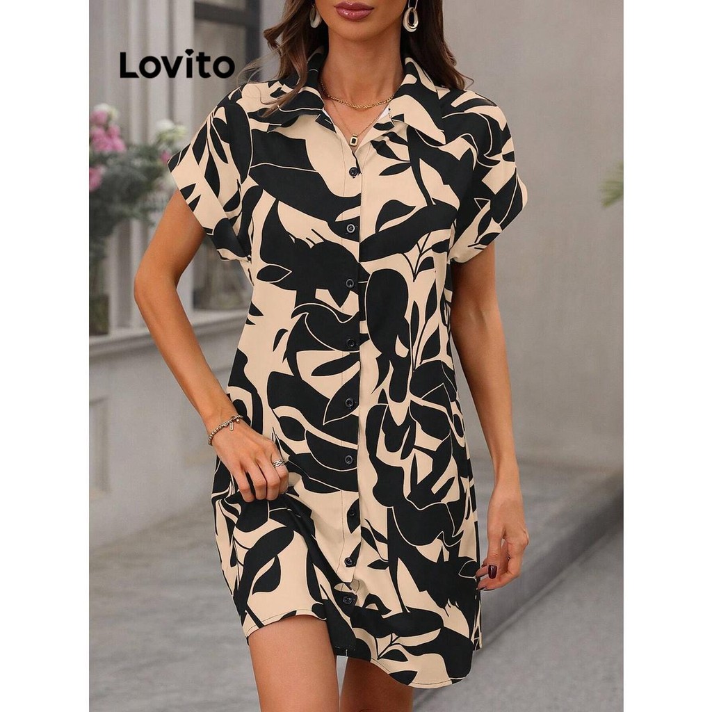 Lovito ชุดเดรสกระดุมเขตร้อนแบบสบาย ๆ สำหรับผู้หญิง LNL79147