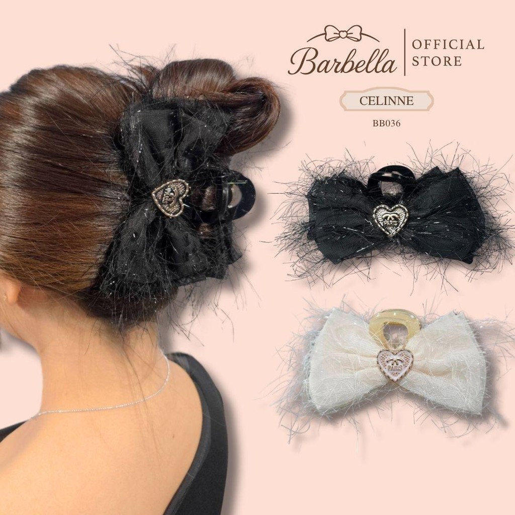 Barbella กิ๊บโบว์ติดผมผ้าขนนุ่ม Paris หัวใจวิบวับ สไตล์เกาหลี รุ่น Celinne (BB036)