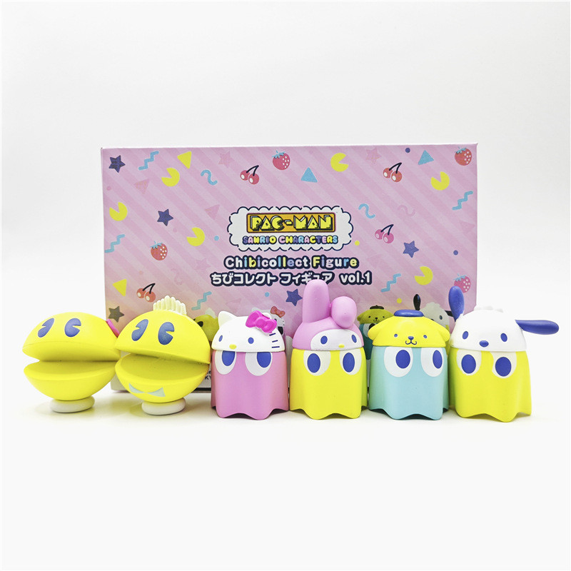 6 ชิ้น/เซ็ต 4-5 ซม.เกม Pac-Man ตัวอักษร My Melody Hello Kitty Pom Pom Purin Pochacco Pacman รุ่น Q PVC ตัวเลขการกระทําตุ๊กตาของเล่น