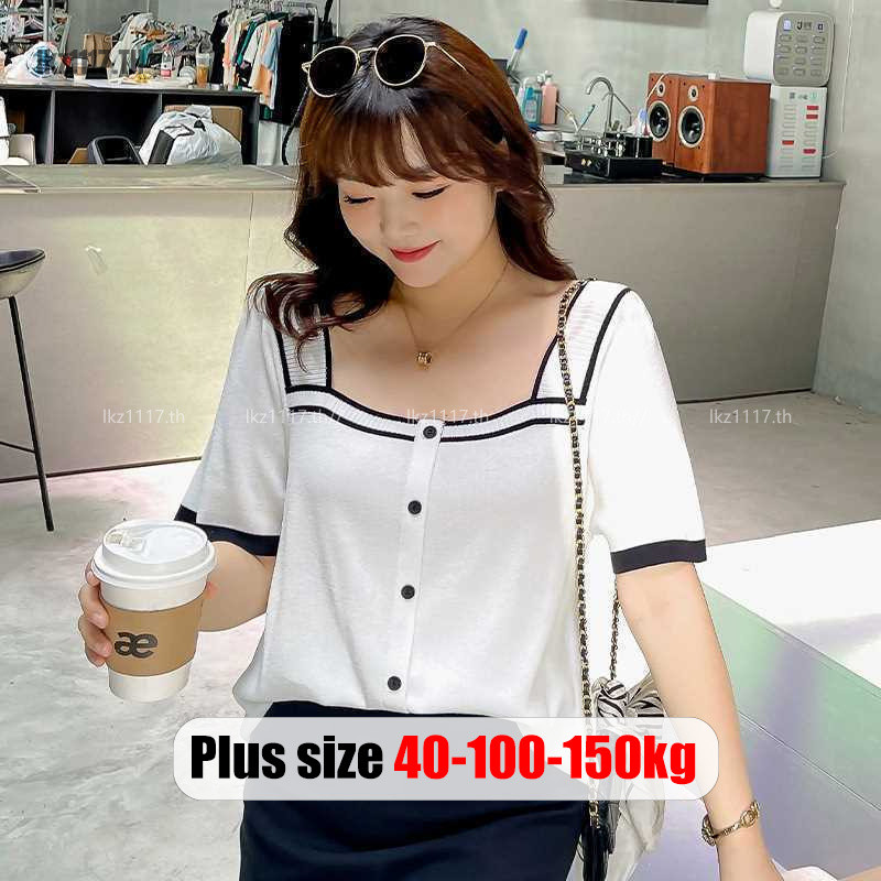 Plus size เสื้อผ้าสาวอวบ❤ เสื้อยืดสาวอวบอ้วน ไซส์ใหญ่ ผู้หญิง เสื้อไหมพรม ทรงหลวม แขนสั้น คอเหลี่ยม สีขาว ฤดูร้อน สไตล์เกาหลีแฟชั่น