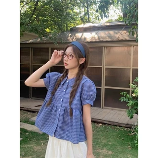 LINNA~Xตาหมากรุก ประกบ แขนสั้น เสื้อเชิ้ต เวอร์ชั่นเกาหลี สไตล์ใหม่ สไตล์หวาน