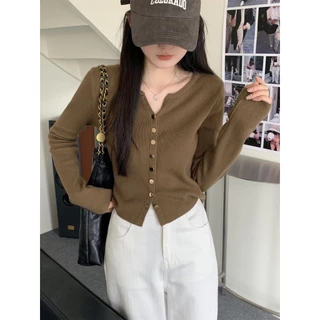 Chili Koko เสื้อคลุมคาร์ดิแกนถักทรงเข้ารูปสไตล์เกาหลี เสื้อเชิ้ตถักแขนยาววินเทจสีแดง 88007