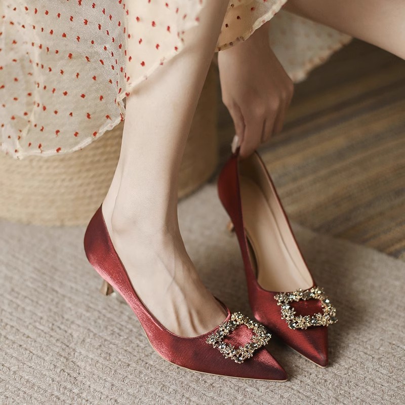 [CF] สตรีสง่างามรองเท้าแต่งงานส้นสูง ซาติน สไตล์พอยท์ สำหรับวิวาห์และโอกาสพิเศษ พร้อมสต๊อกในประเทศ - รูปที่ 6