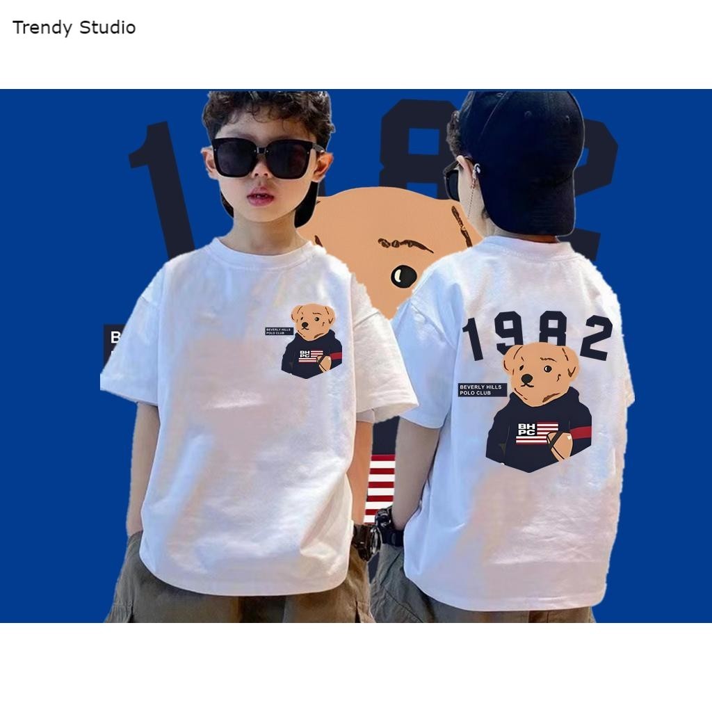 【COD】Beverly Hills Polo Club แขนสั้น คอกลม เสื้อยืดเด็กพิมพ์ลายหมี ผ้าคอตตอน 100 90-150ซม. อายุ 3-12 ปี ผ้าฝ้ายแท้
