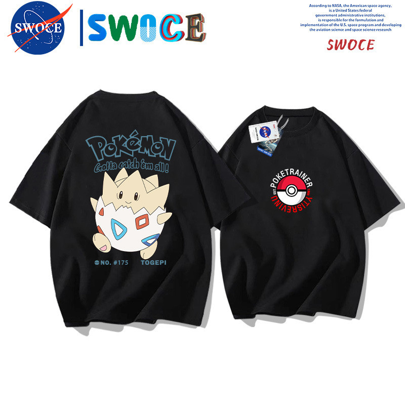 เสื้อยืดคอกลมโปเกมอนสำหรับผู้ชายและผู้หญิงญี่ปุ่นอะนิเมะ pokerbi พิมพ์เสื้อยืดแขนสั้นมีสไตล์การ์ตูนน่ารักด้านบนสีขาว 3XL