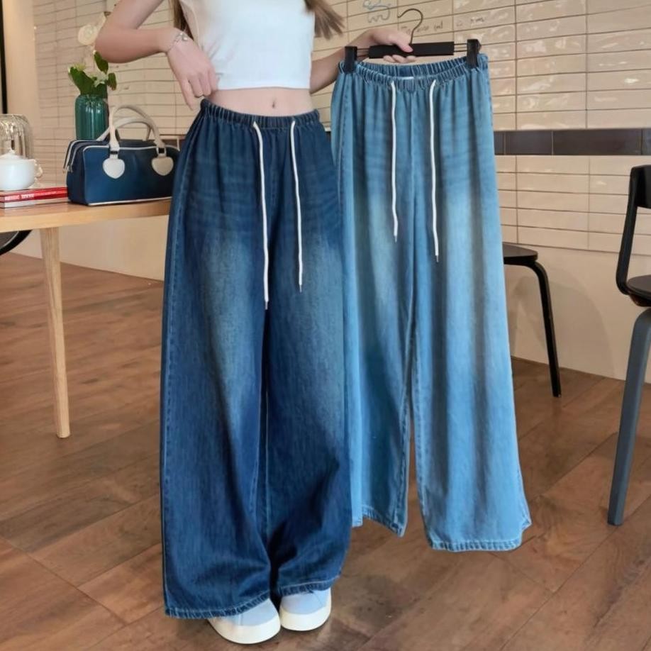 S-6XL กางเกงยีนส์เชือกผูกเอวยางยืด กางเกงขายาวทรงหลวมตรง กางเกงขายาวลำลอง – โปรปัง