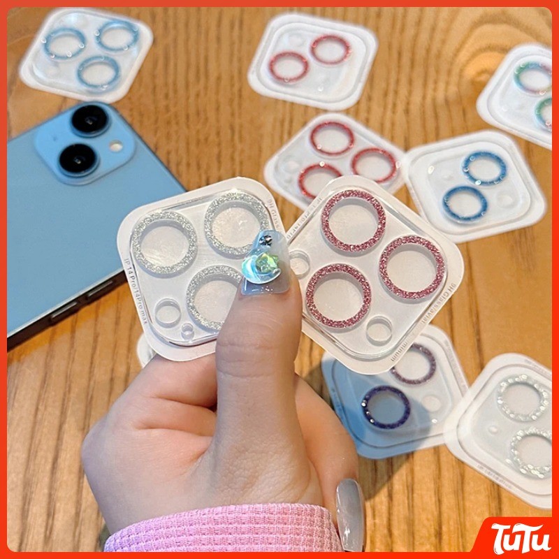 TuTu 2 ชิ้น Glitter แฟลชสี Full Cap กระจกนิรภัยกล้องเลนส์ Protector ใช้งานร่วมกับ iPhone 16 15 14 13 12 11 Pro Max Plus กล้องเลนส์ Protector กระจกนิรภัย เคสกันกระแทก เคสซิลิโคน เคสไอโฟน11