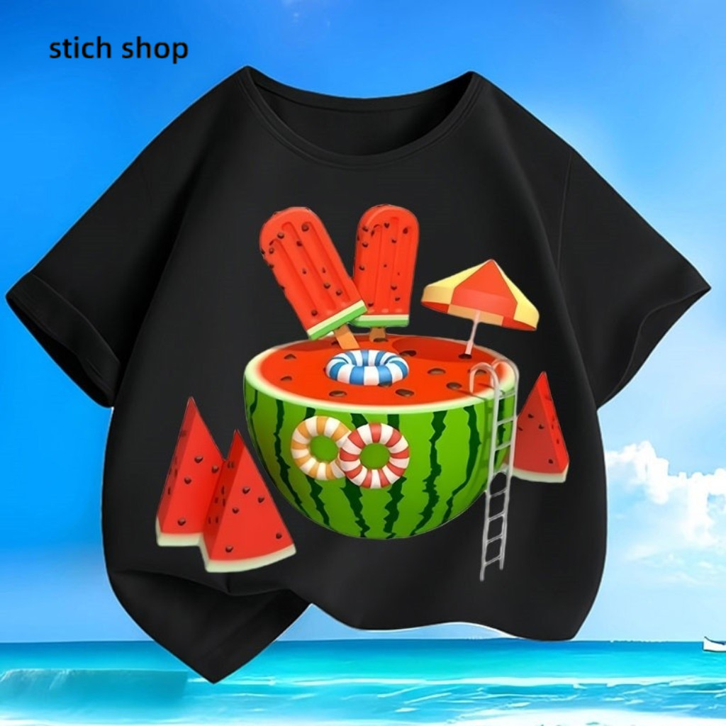 (จัดส่งทันที) เสื้อยืดคอกลมแขนสั้นลายแตงโมลายการ์ตูนสุดเท่สำหรับฤดูร้อนสำหรับเด็กชายและเด็กหญิง ผ้าฝ้ายแท้