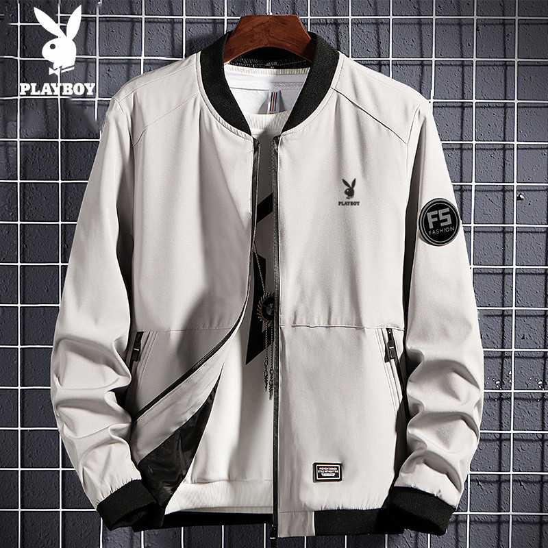 Playboy Mens Jacket สีเทาเวอร์ชั่นเกาหลีของ Pure Porn Boy ชุดเบสบอลปกบินหล่อ