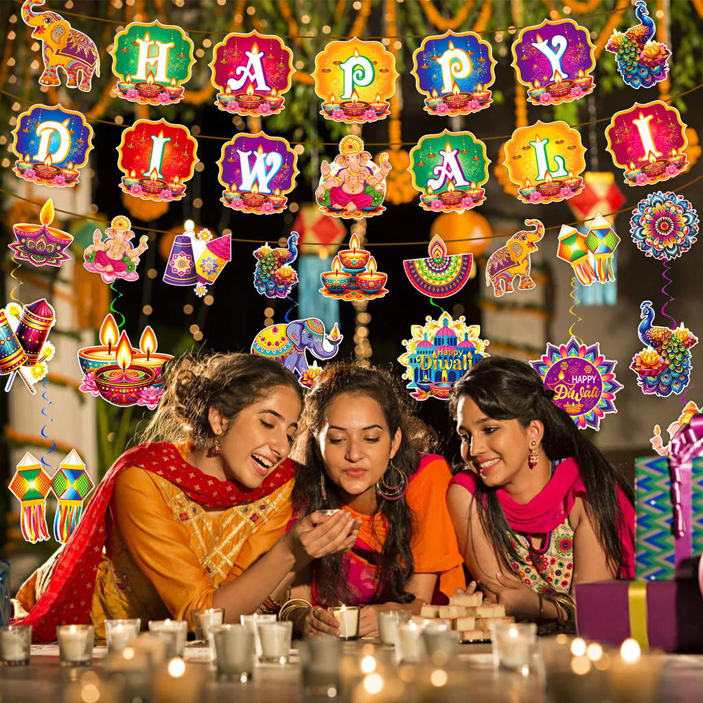 Indian Diwali Party ตกแต่ง Happy Diwali ธงเกลียวแขวนตกแต่ง Diwali ธงเกลียว