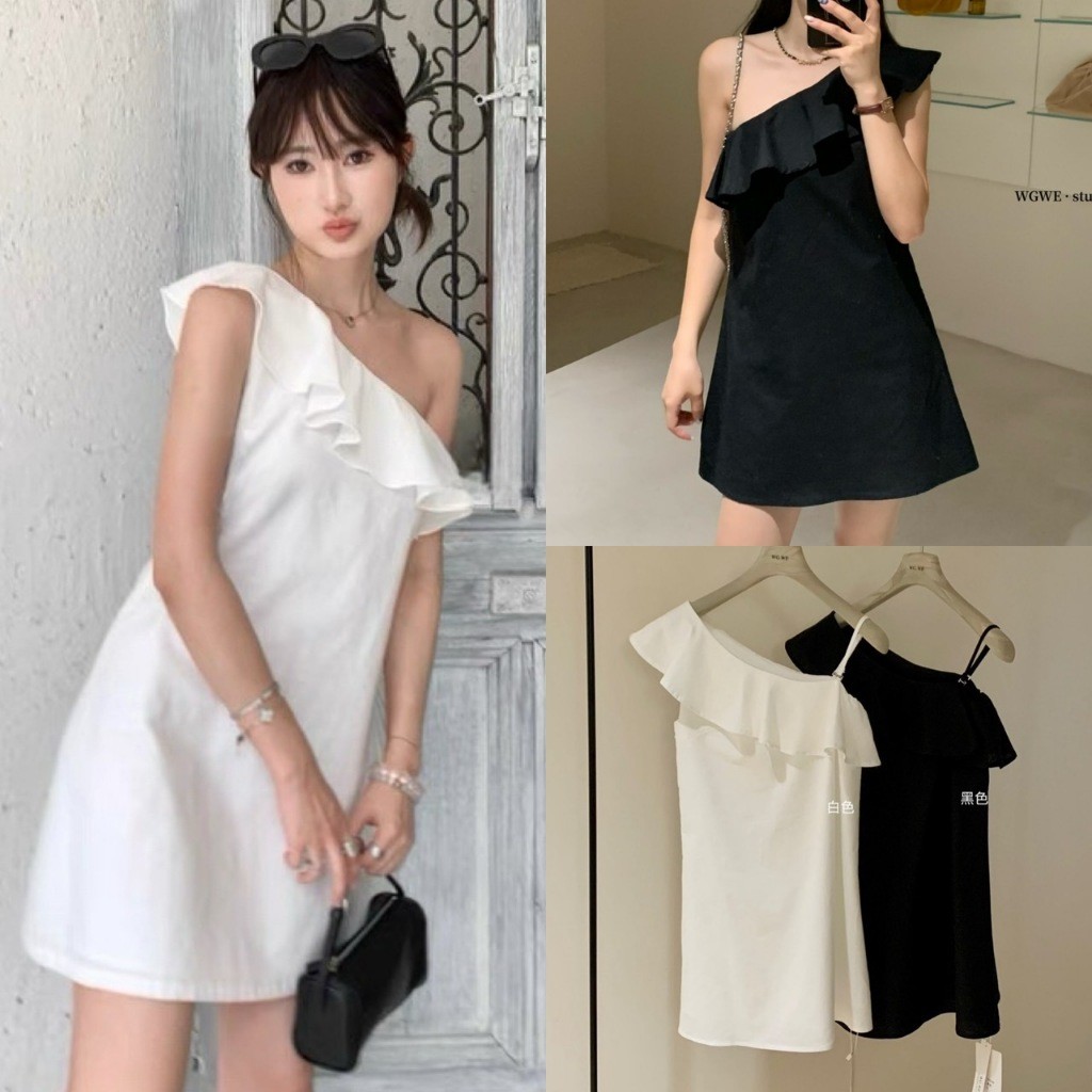 💖🎀 W6026 เดรสสั้น ปาดไหล่เฉียง มีสายเดี่ยวปรับได้ แต่งผ้าช่วงอก งานซิปข้าง มีซับในอย่างดีค่าแฟชั่นเกาหลี TAG WG.WE 💖🎀