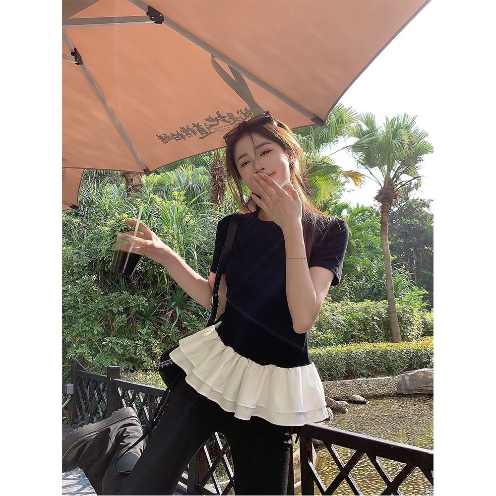 ลูกไม้ปุยเย็บปลอมสองชิ้นแขนสั้นหญิงฤดูร้อนเร้าใจออกแบบรอบคอด้านบน Jiaguan Mink Huan 5QTS