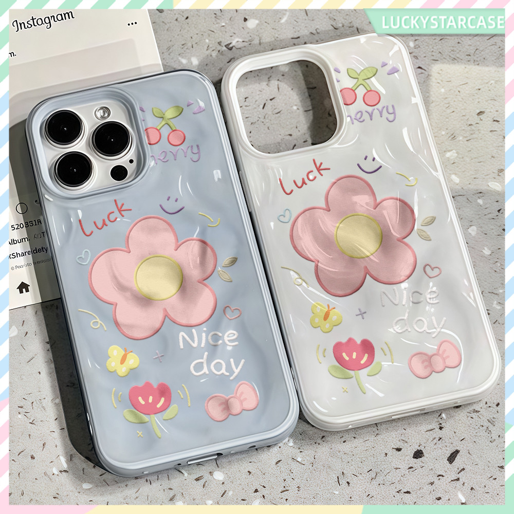 เคสโทรศัพท์หรูหรา For iPhone 11 12 13 14 15 16 Pro Max IP 7 8 6 Plus XS Max XR ดอกไม้น่ารัก เกาหลีสีทึบซิลิโคนสีฟ้า Case