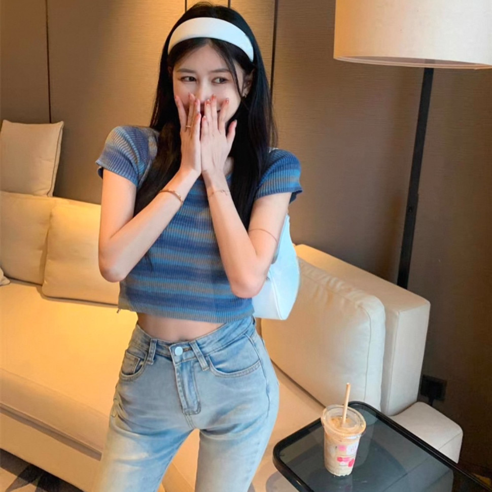 🌟Fairy Style✨เสื้อยืดไหมพรมแขนสั้น เสื้อครอป คอยู ลายทาง สไตล์เกาหลี#5005 - รูปที่ 2