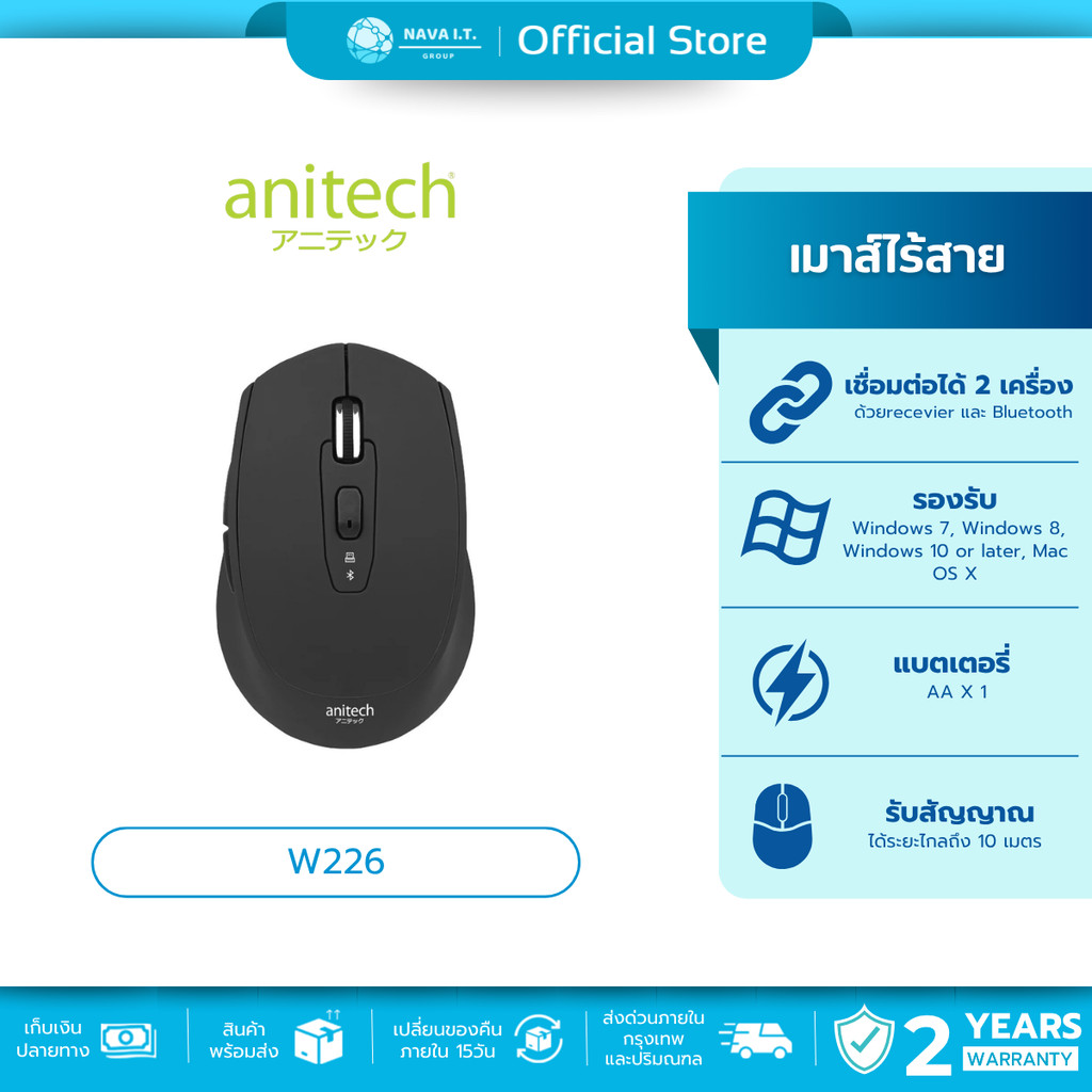 🛵มีส่งด่วน💨 ANITECH W226 BLACK MULTI FUNCTION WIRELESS MOUSE รับประกัน 2 ปี