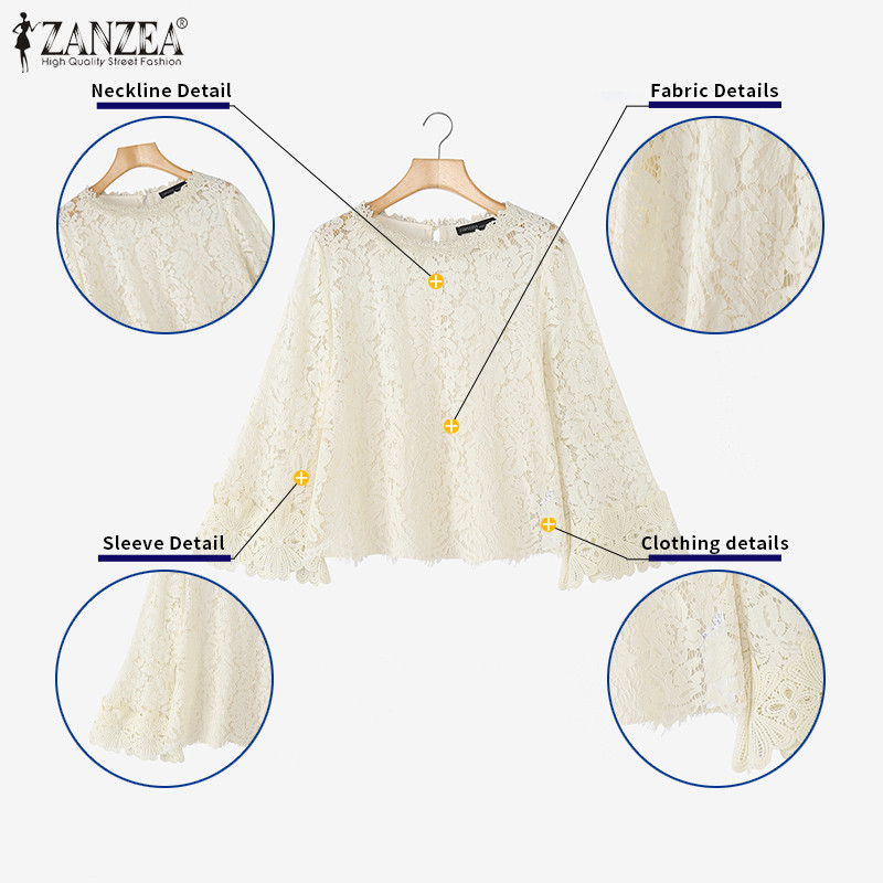 ZANZEA เสื้อแฟชั่นเกาหลีหรูสำหรับผู้หญิง แบบแขน3/4 ลายบานลูกไม้Crochet มีปุ่มด้านหลัง — صورة 7