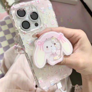 ใช้งานร่วมกับiPhone 16 15 14 13 12 11 Pro Max X Xr Xs Max 7 8 Plus SE2020 เคสโทรศัพท์Insน่ารักสีชมพูโบว์กระต่ายหูKT Cat + Lanyard + Stand Softปกหลัง