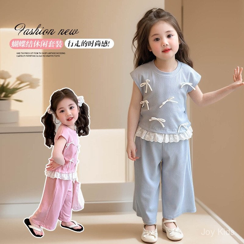 ✨JoyKids✨ เสื้อยืดเด็กหญิงโบว์3D คู่กางเกงขากว้างสไตล์เกาหลี 2025เนื้อผ้าไมโครโมดัล นุ่มลื่น - รูปที่ 2