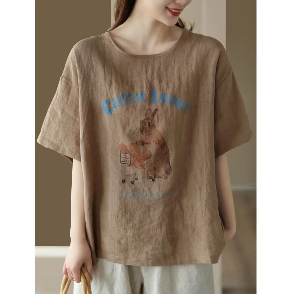 [สไตล์ขายดี] ฤดูร้อนสไตล์ใหม่ผ้าฝ้ายผ้าลินินด้านบนผู้หญิงแขนสั้นหลวมเกาหลีรุ่นแฟชั่นรอบคอย้อนยุคพิมพ์สบายๆทุกการแข่งขันเสื้อยืดบา - รูปที่ 2