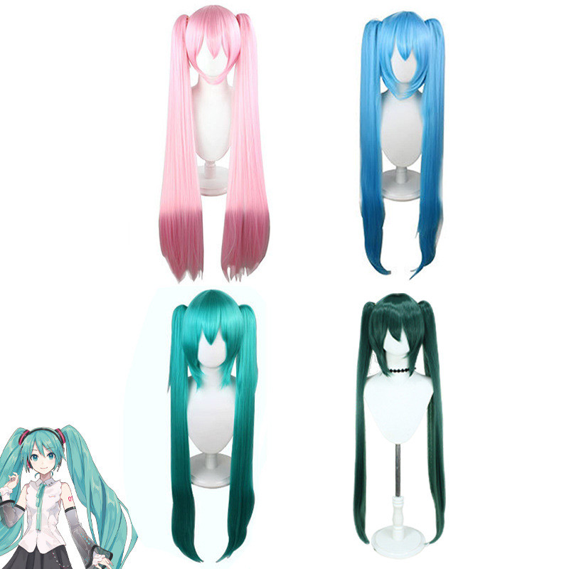 Cos Wig Hatsune Miku Cartoon Anime Wig Blue High-Temperature Fiber Pairs Ponytail Pink Long Straight
