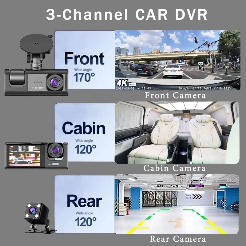 กล้องติดรถยนต์ With WIFI 4k 3กล้อง (กล้องหน้ารถ+ ภายในรถ + ถอยหลัง) มีโหมดกลางคืน ติดต ดูบนมือถือ HD อัตราการเข้ารหัสสูง thumbnail 3