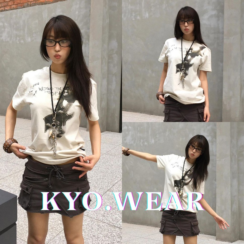 KYO 💽 เสื้อเกาหลี ผู้หญิง เสื้อยืด "Guitar" พิมพ์ลาย ผ้าCOTTON โคตรนุ่ม สลิมฟิต เสื้อ rเสื้อทรงซ้อ เสื้อคอกลม 💖