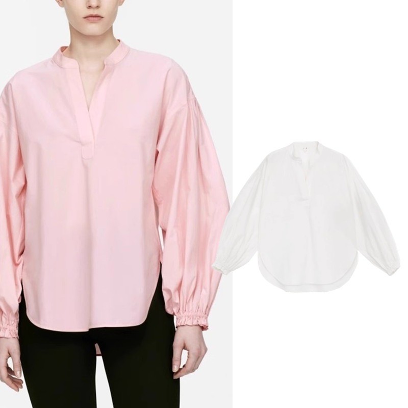 ZATA เสื้อเชิ้ตแขนพัฟ V-neck สไตล์ลำลอง ทำจากผ้าฝ้าย 1268594