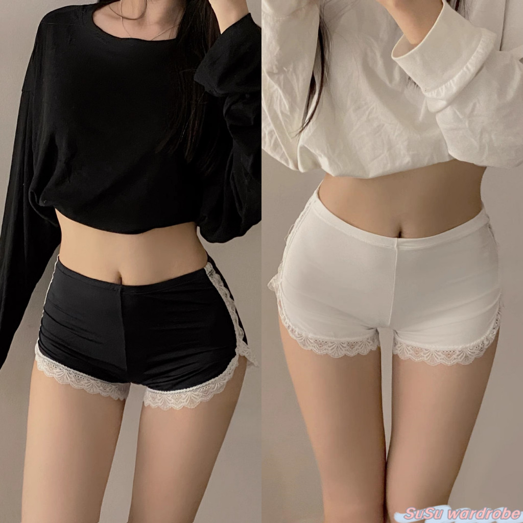 SuSu 🎀พร้อมส่ง 🎀 โทนเดียว ขาสั้น กางเกงขาสั้นลูกไม้  ผ้าไหม ลุคเซ็กซี่  KK010/AQK-1