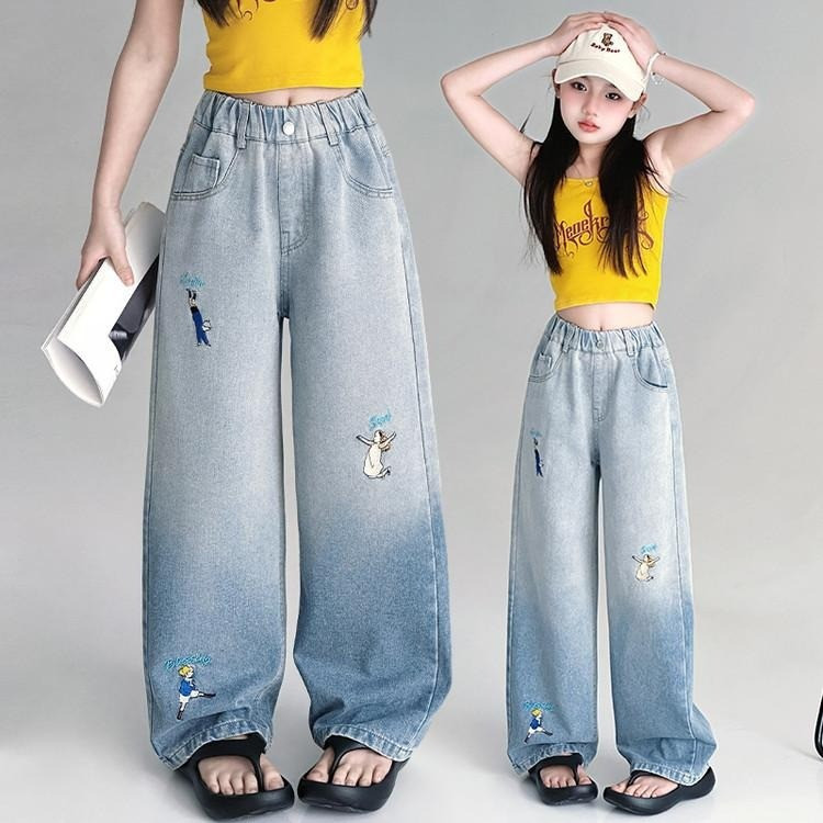 2025 Junior High Girls Ombre School Jeans Glow-in-Dark Graphic Big Kids Colorfast ปรับเอว Campus & S