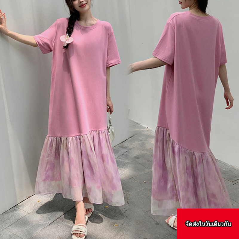 【จัดส่งในวันเดียวกัน】L-3XL ชุดเดรสพลัสไซส์ สีทึบ แขนสั้น ตาข่ายผิดปกติ เย็บปะติดปะต่อกัน มัดย้อม มิ้ม เดรสยาวหลวม
