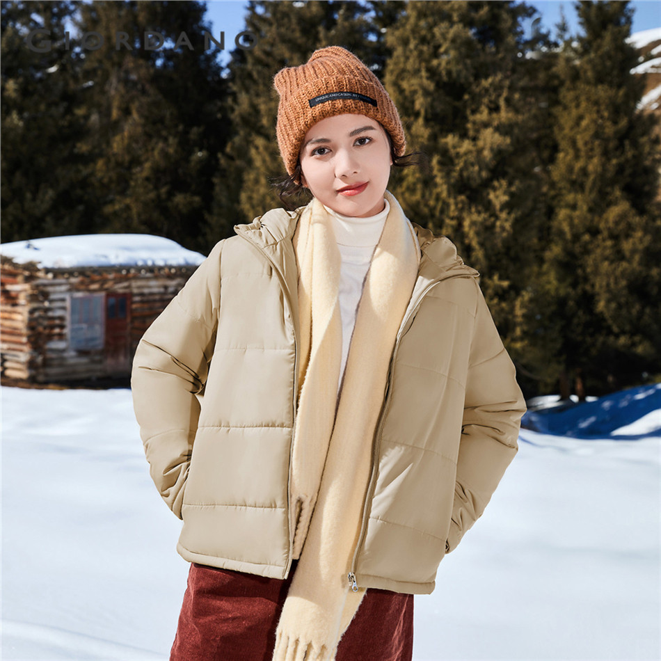 GIORDANO WOMEN Solid color zip front padded hooded jacket 05372731