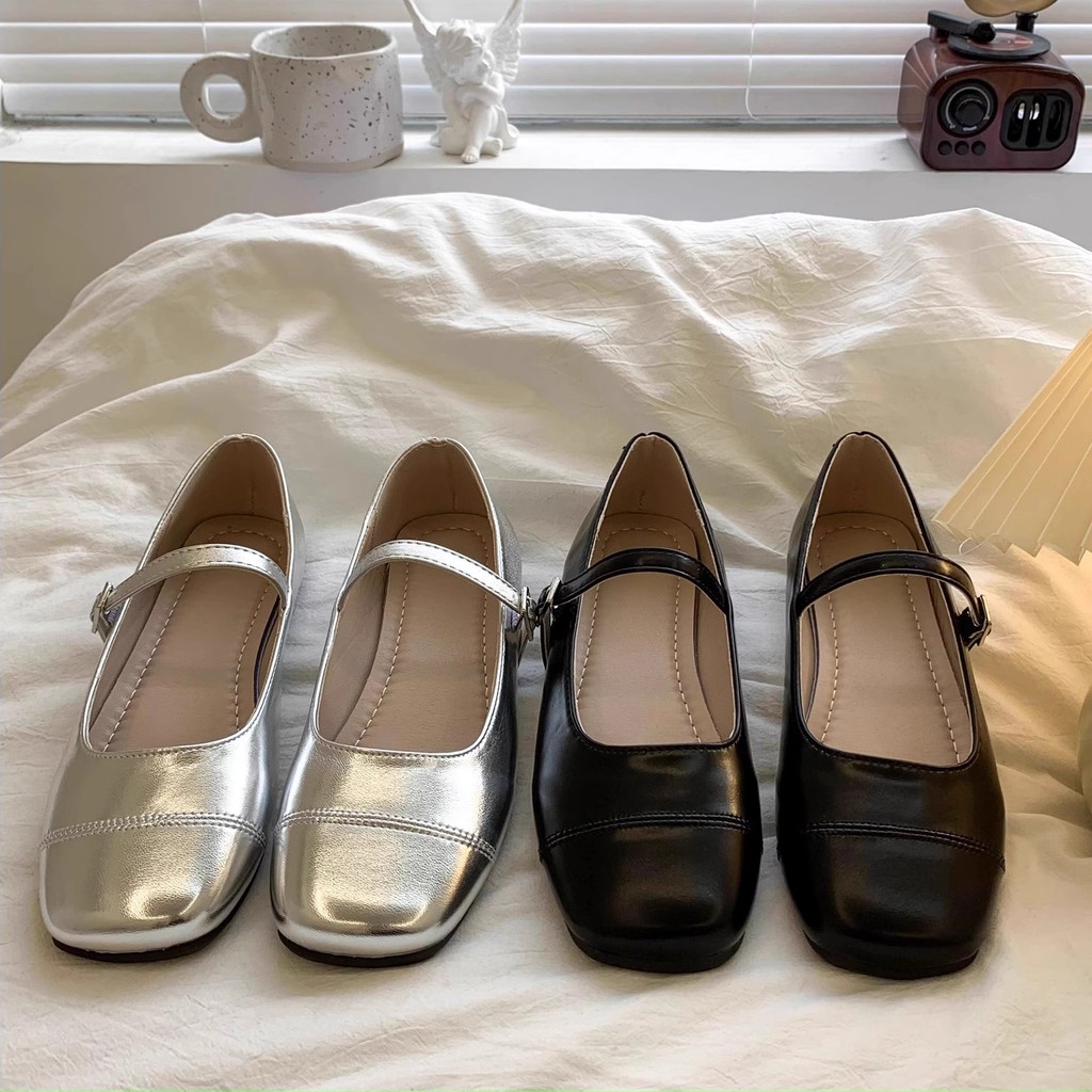 รองเท้าMary Janes หนังPUนุ่ม ทรงเหลี่ยมToe ป้องกันการลื่น สไตล์เจ้าหญิง