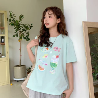 KYO 🍨 เสื้อยืดสตรีไซส์ใหญ่ คอกลม สไตล์เกาหลี Cotton 100% ผ้านุ่มใส่สบาย ใส่ได้ทุกโอกาส "ice cube drink"【COD】