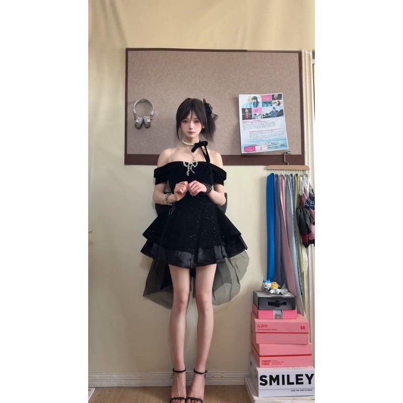 Xyzkuli ชุดฤดูร้อนสไตล์ฝรั่งเศส สปอร์ตหรูหรา ดีไซน์Slim-fit กะทัดรัด พร้อมกระโปรงพองเล็กๆ และประกายระยิบระยับ