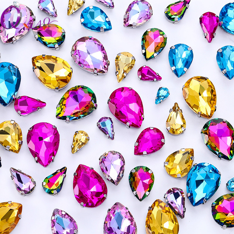 Qiao สีสัน 50 ชิ้นเย็บบน Rhinestones Drop Shapes Flatback พร้อมเล็บสีเงิน