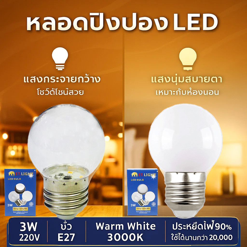 💥  ET หลอดไฟ LED ทรงปิงปองใส / ขุ่น 3W ขั้ว E27 สำหรับประดับตกแต่ง งานเทศกาล แสง Warm หลอดประหยัดไฟ โล๊ะ