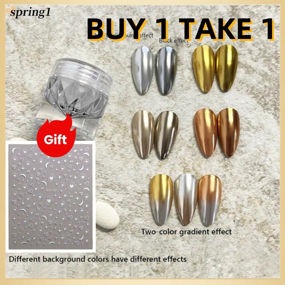 ผงกระจกวิเศษสําหรับตกแต่งเล็บ สีเงิน สีทอง สีโครเมียม แวววาว (ซื้อ 1 แถม 1)