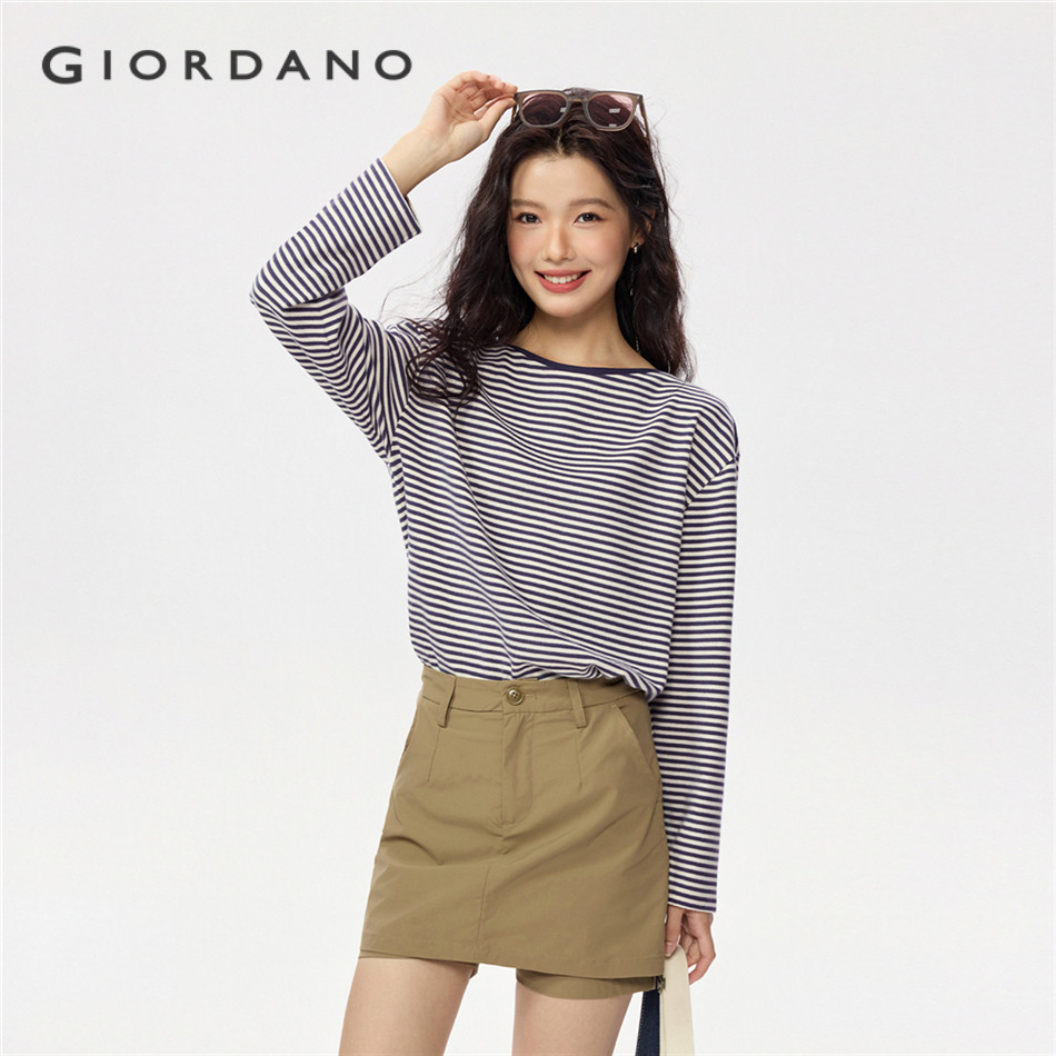 GIORDANO WOMEN Contrasting stripe boat neck long sleeve tee 13325773