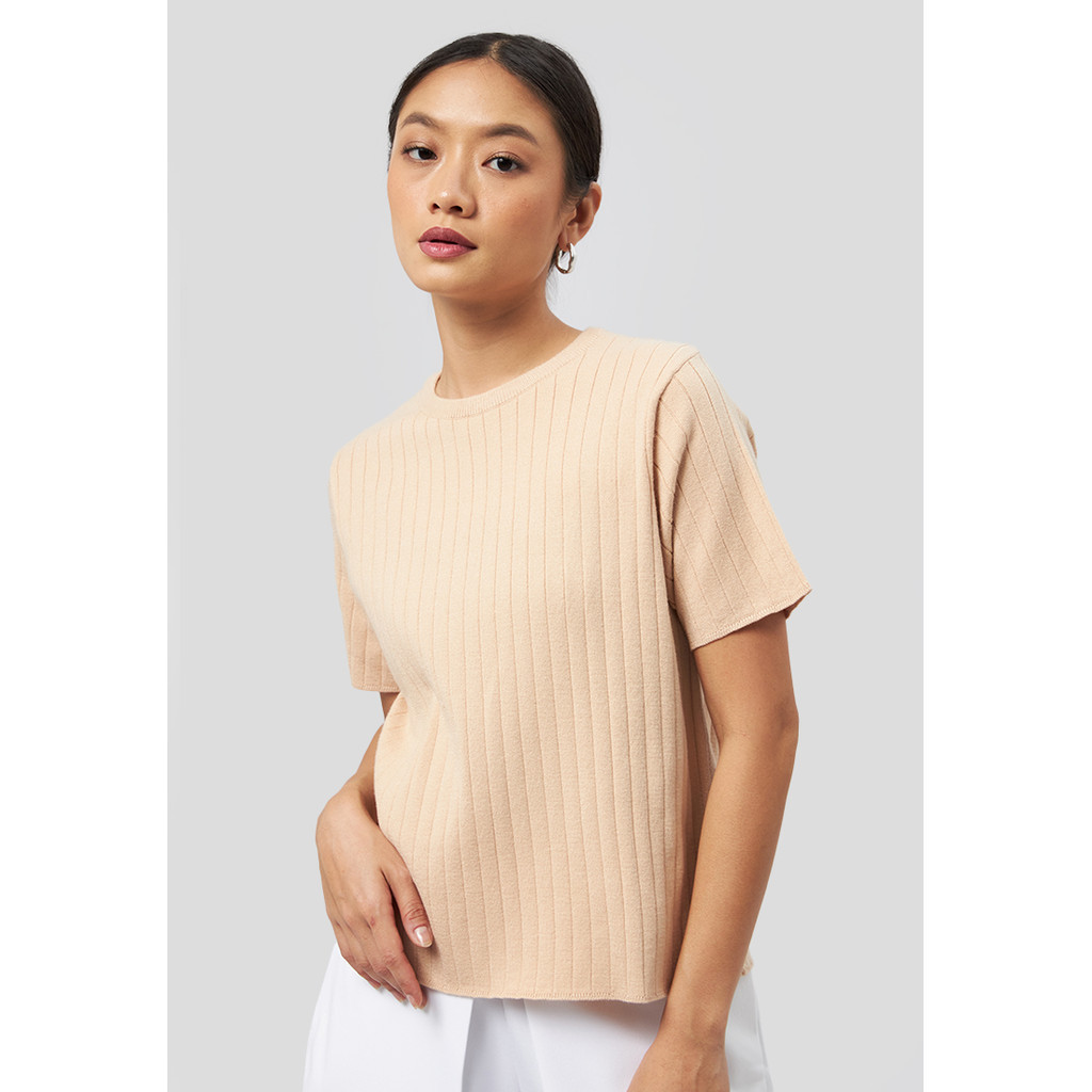 SERENITY Executive Lettuce Hem Short Sleeve Top Beige